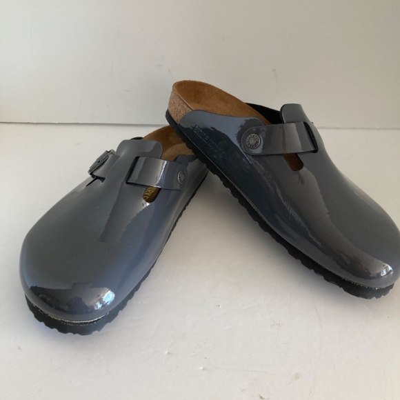 Birkenstock Boston Clogs EU41 Gray Patent Leather Cork Footbed Slip-On Germany - Picture 2 of 16